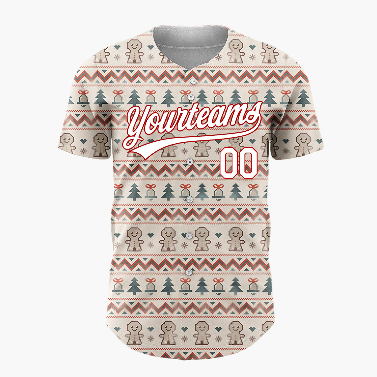 Custom Beige Red Green Gingerbread Man Nordic Knit Pattern Christmas Baseball Jersey
