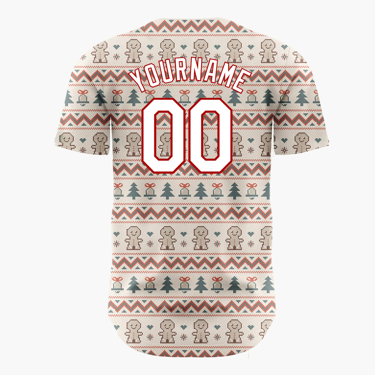 Custom Beige Red Green Gingerbread Man Nordic Knit Pattern Christmas Baseball Jersey