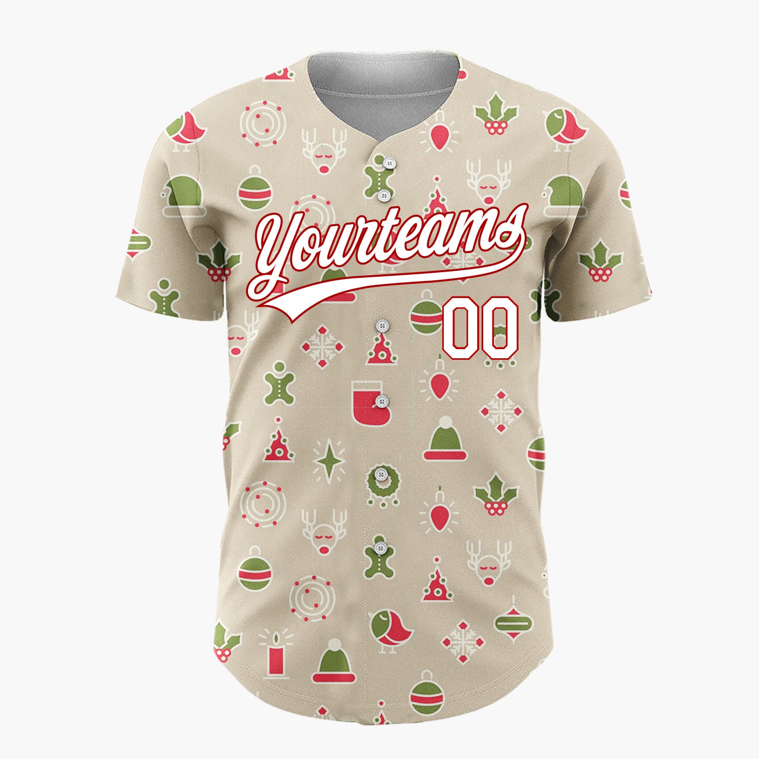 Custom Beige Red Green Simple Icons Christmas Baseball Jersey