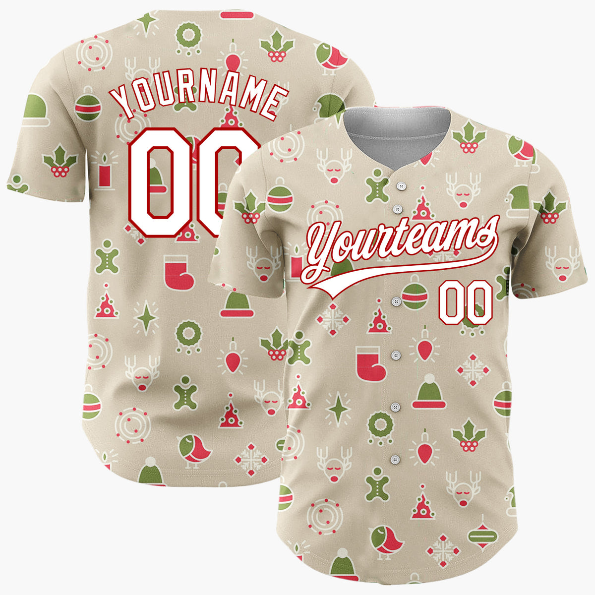 Custom Beige Red Green Simple Icons Christmas Baseball Jersey