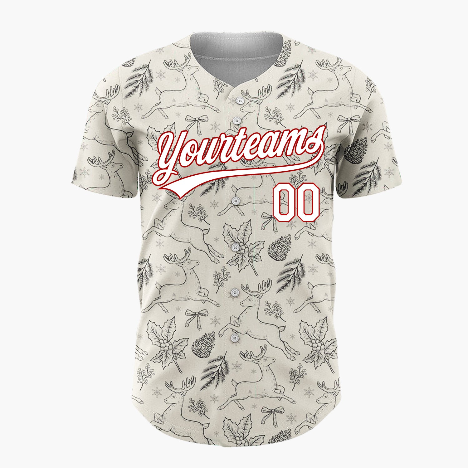 Custom Beige Black White Vintage Reindeer Sketch Christmas Baseball Jersey