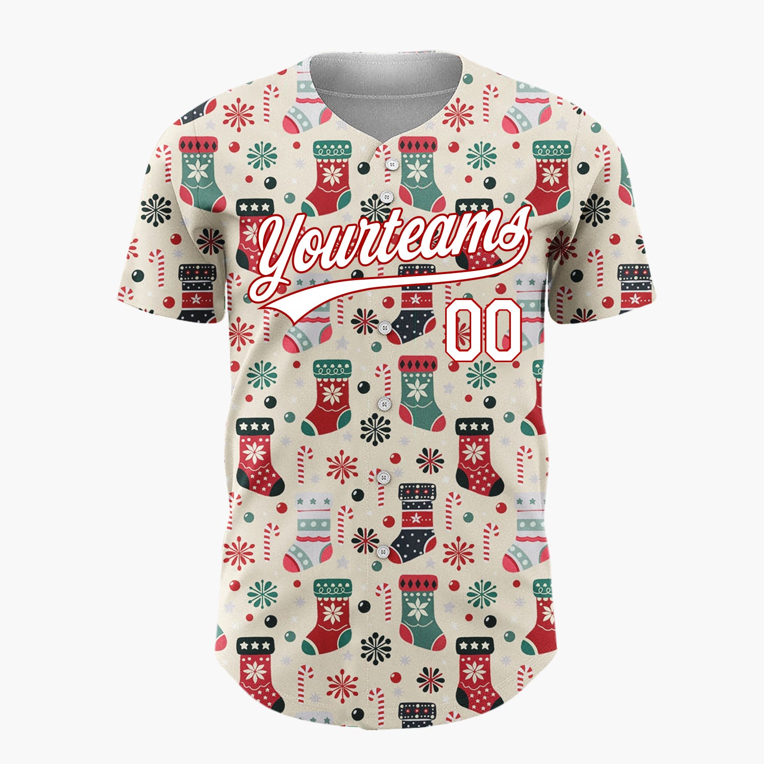 Custom Beige Christmas Stockings Candy Canes Folk Art Christmas Baseball Jersey