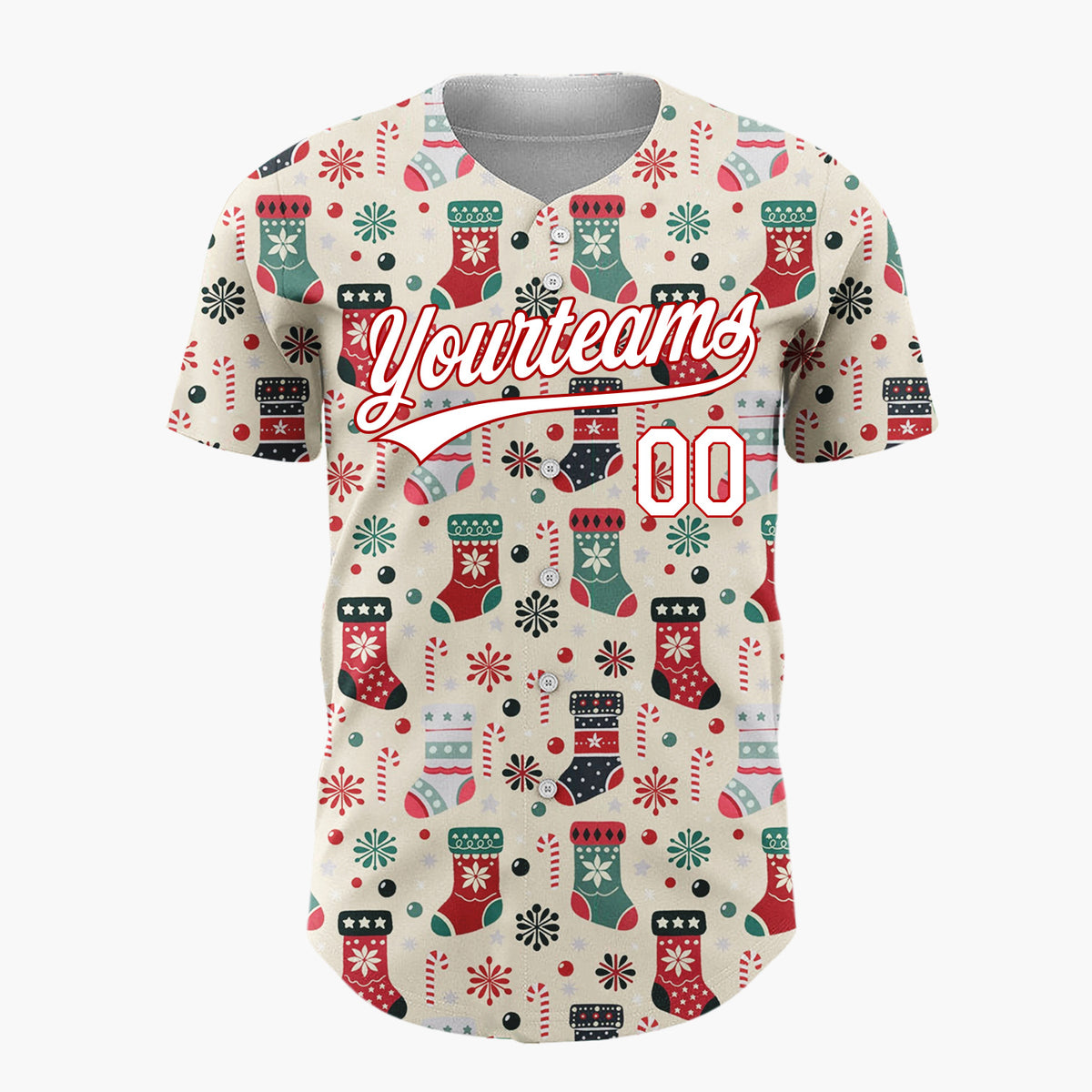 Custom Beige Christmas Stockings Candy Canes Folk Art Christmas Baseball Jersey