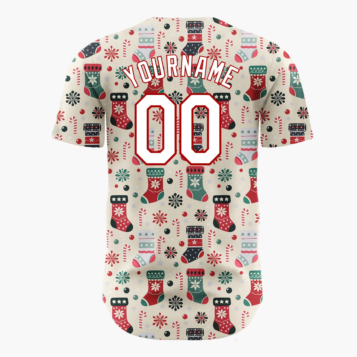 Custom Beige Christmas Stockings Candy Canes Folk Art Christmas Baseball Jersey