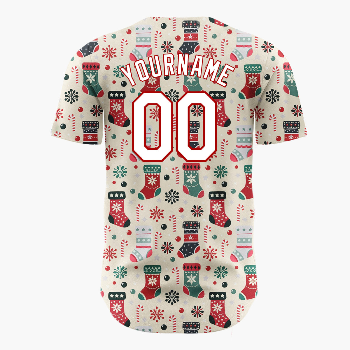 Custom Beige Christmas Stockings Candy Canes Folk Art Christmas Baseball Jersey