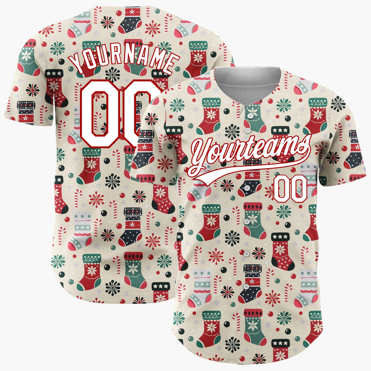 Custom Beige Christmas Stockings Candy Canes Folk Art Christmas Baseball Jersey