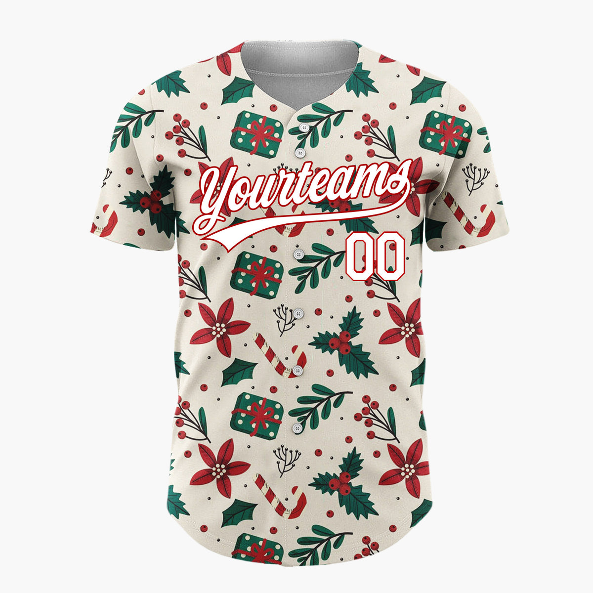 Custom Beige Christmas Gifts Holly Cartoon Pattern Christmas Baseball Jersey
