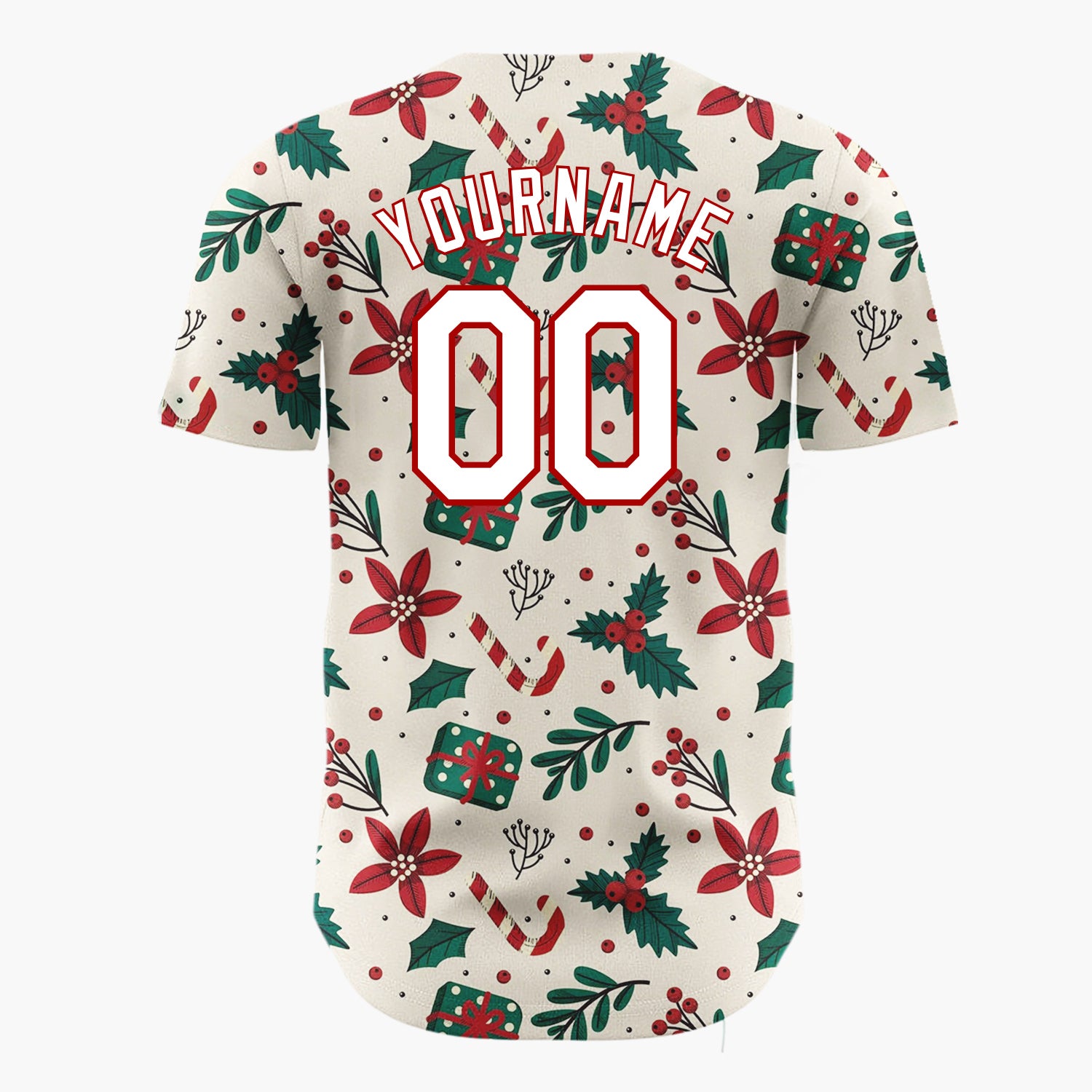 Custom Beige Christmas Gifts Holly Cartoon Pattern Christmas Baseball Jersey