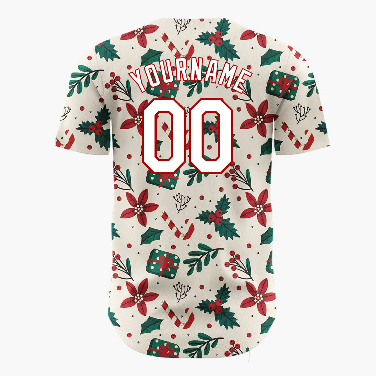 Custom Beige Christmas Gifts Holly Cartoon Pattern Christmas Baseball Jersey