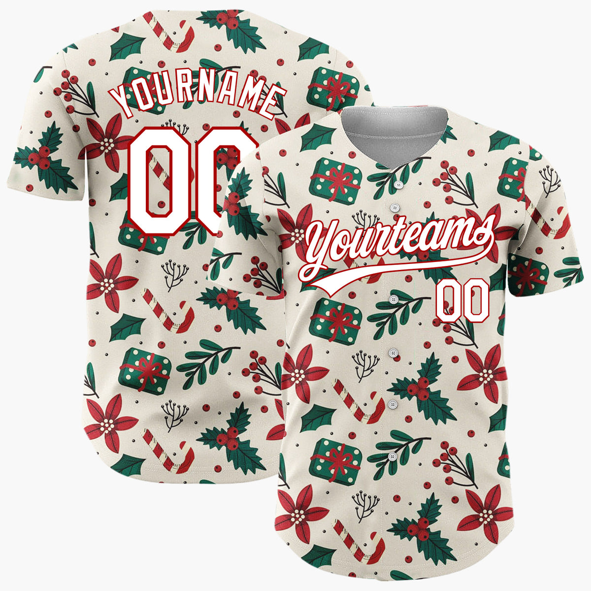 Custom Beige Christmas Gifts Holly Cartoon Pattern Christmas Baseball Jersey