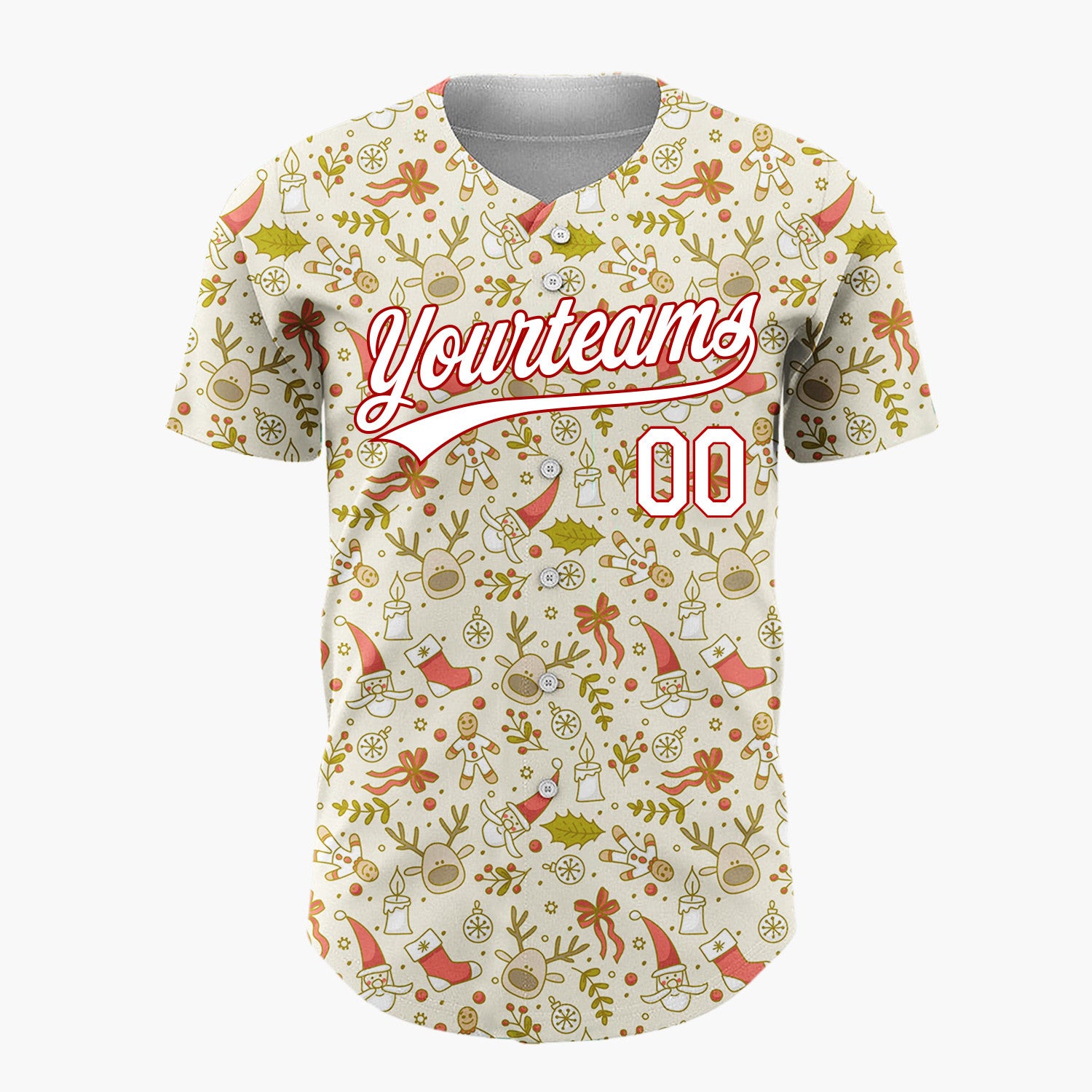 Custom Beige Red Santa Reindeer And Gingerbread Man Delicate Line Art Pattern Christmas Baseball Jersey