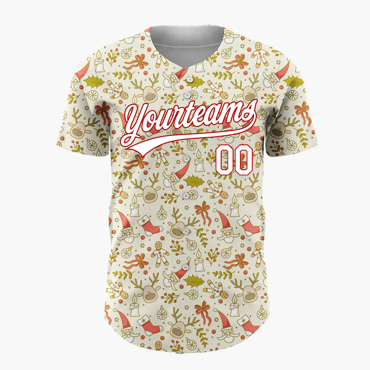Custom Beige Red Santa Reindeer And Gingerbread Man Delicate Line Art Pattern Christmas Baseball Jersey