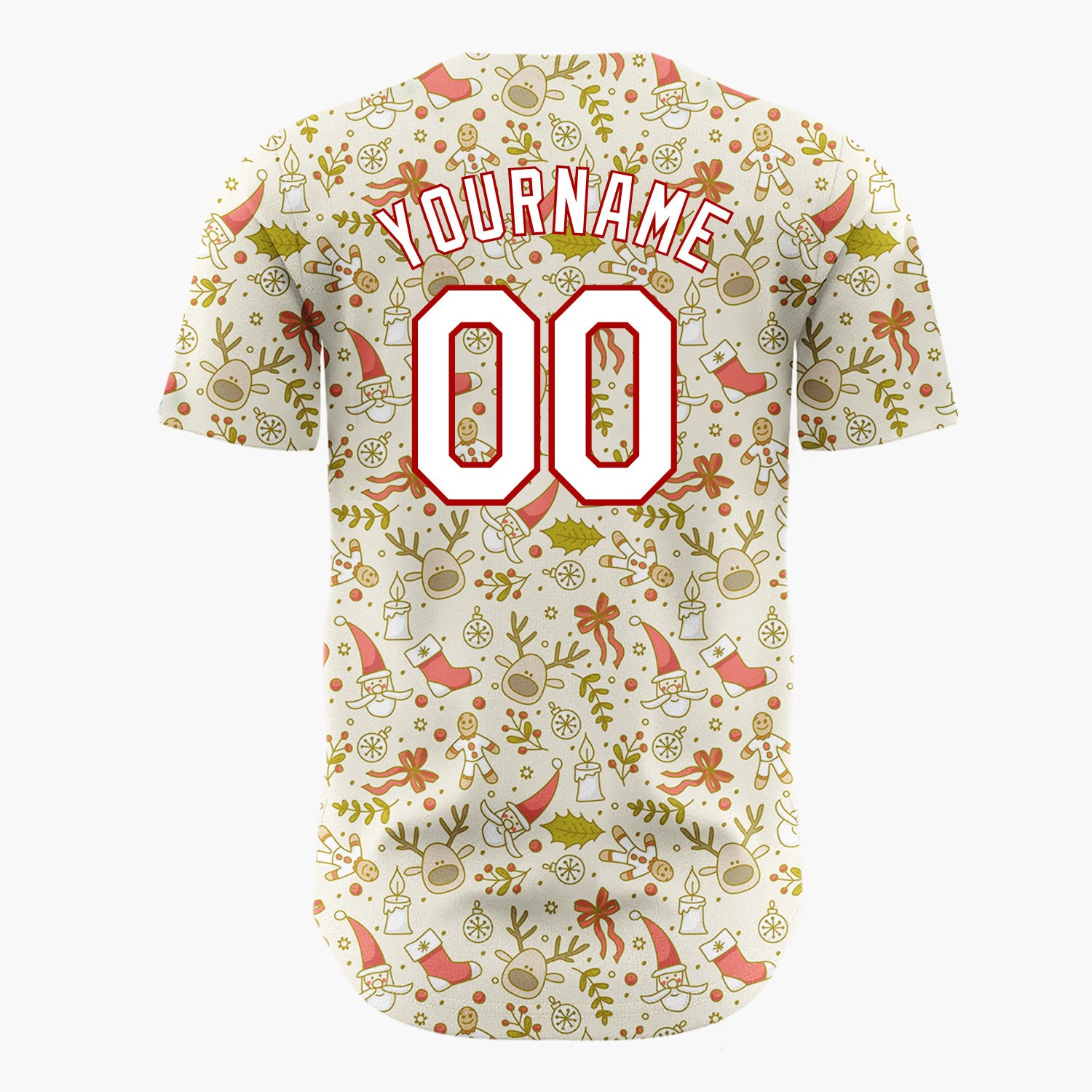Custom Beige Red Santa Reindeer And Gingerbread Man Delicate Line Art Pattern Christmas Baseball Jersey