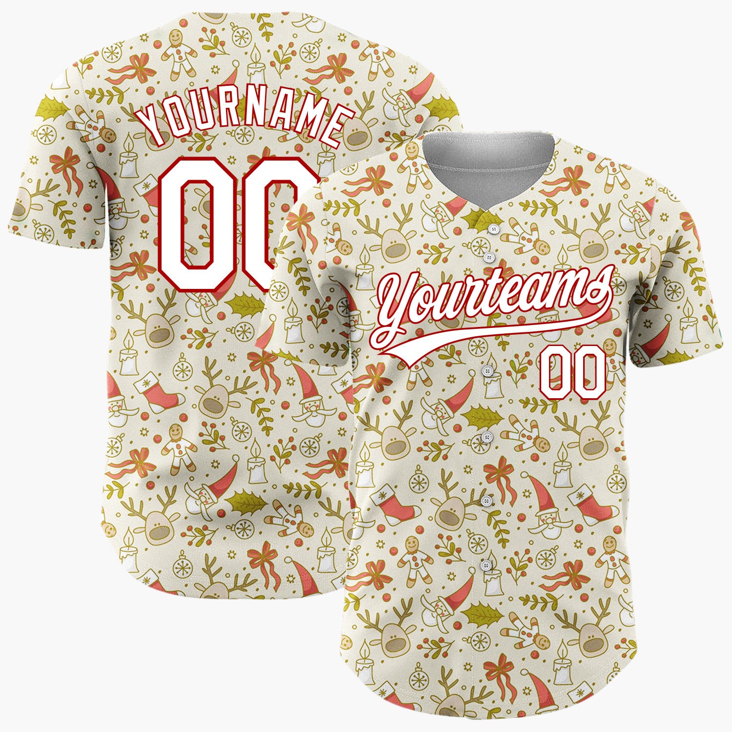 Custom Beige Red Santa Reindeer And Gingerbread Man Delicate Line Art Pattern Christmas Baseball Jersey