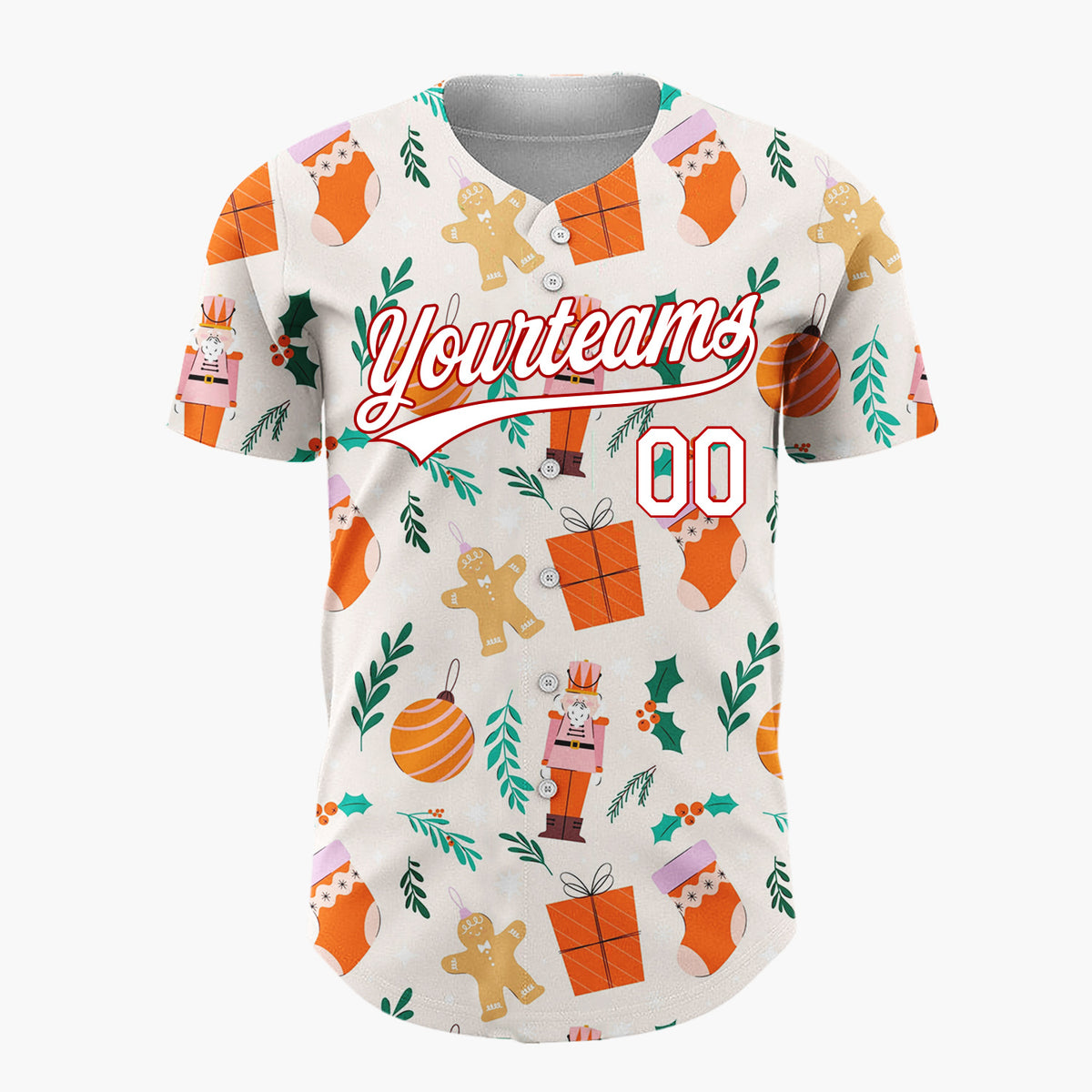 Custom Beige Orange Nutcrackers Gingerbread And Gifts Christmas Flat Pattern Christmas Baseball Jersey