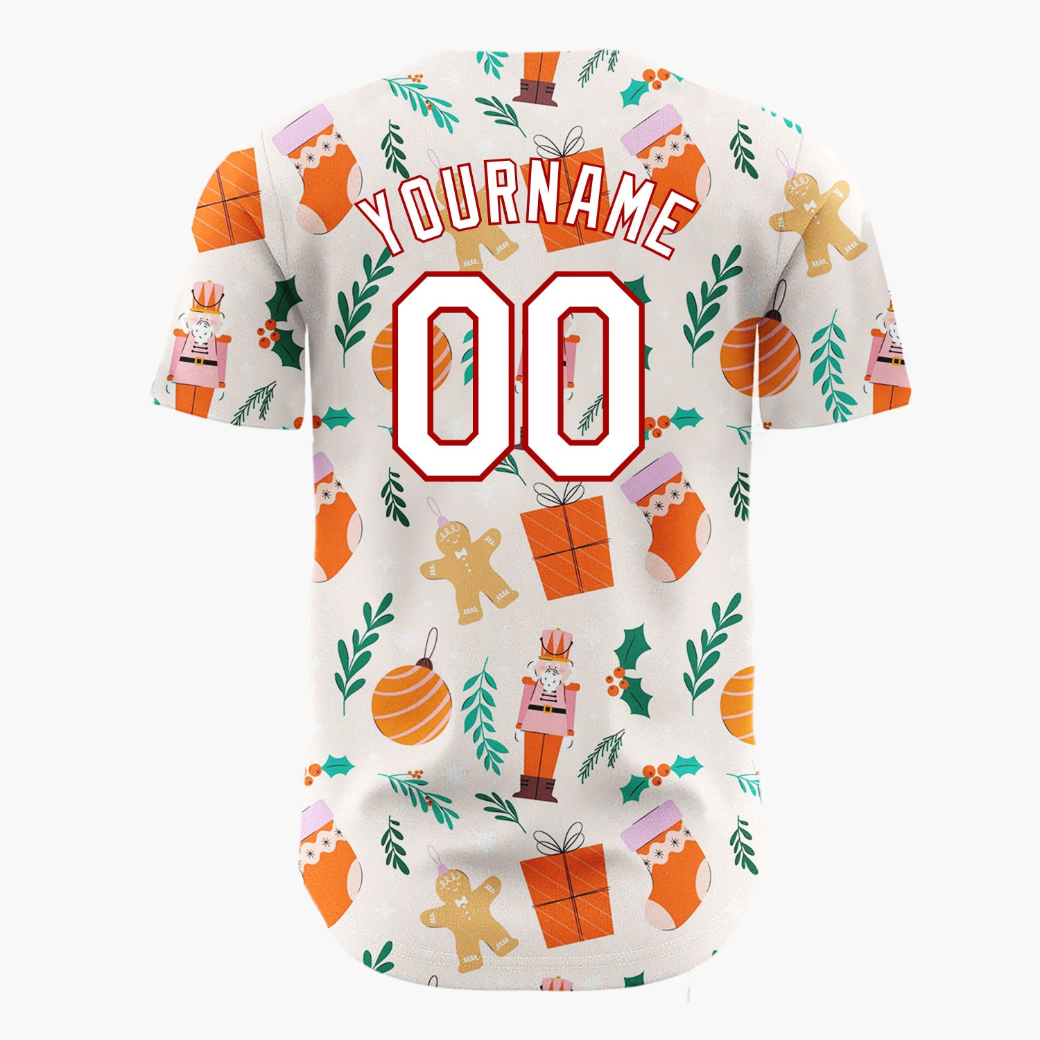 Custom Beige Orange Nutcrackers Gingerbread And Gifts Christmas Flat Pattern Christmas Baseball Jersey