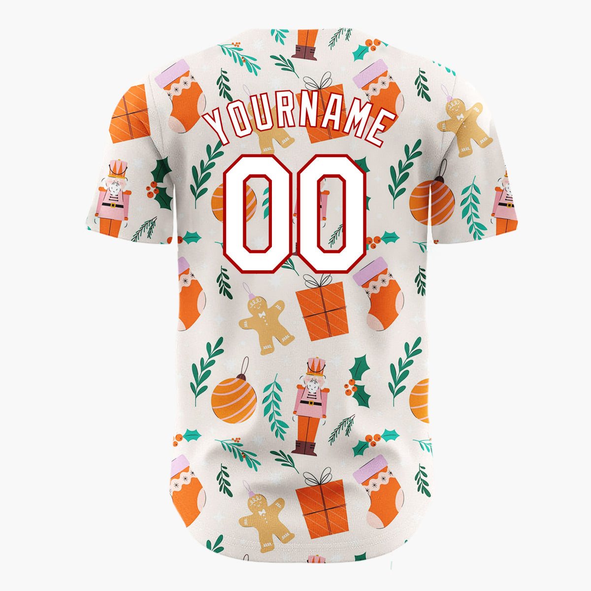 Custom Beige Orange Nutcrackers Gingerbread And Gifts Christmas Flat Pattern Christmas Baseball Jersey