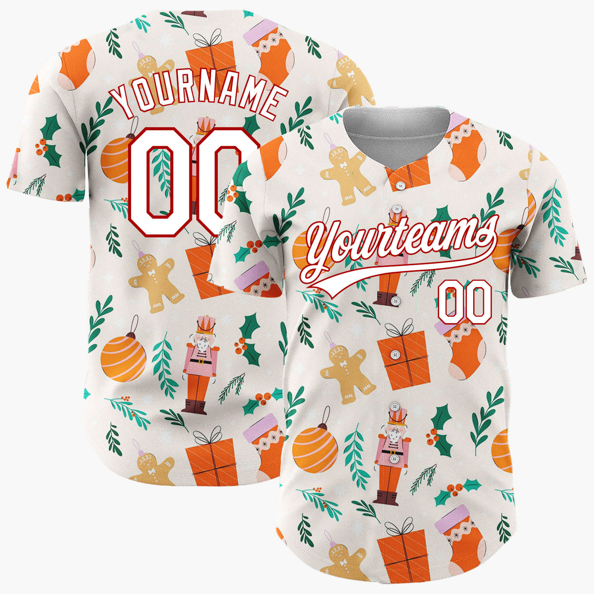 Custom Beige Orange Nutcrackers Gingerbread And Gifts Christmas Flat Pattern Christmas Baseball Jersey