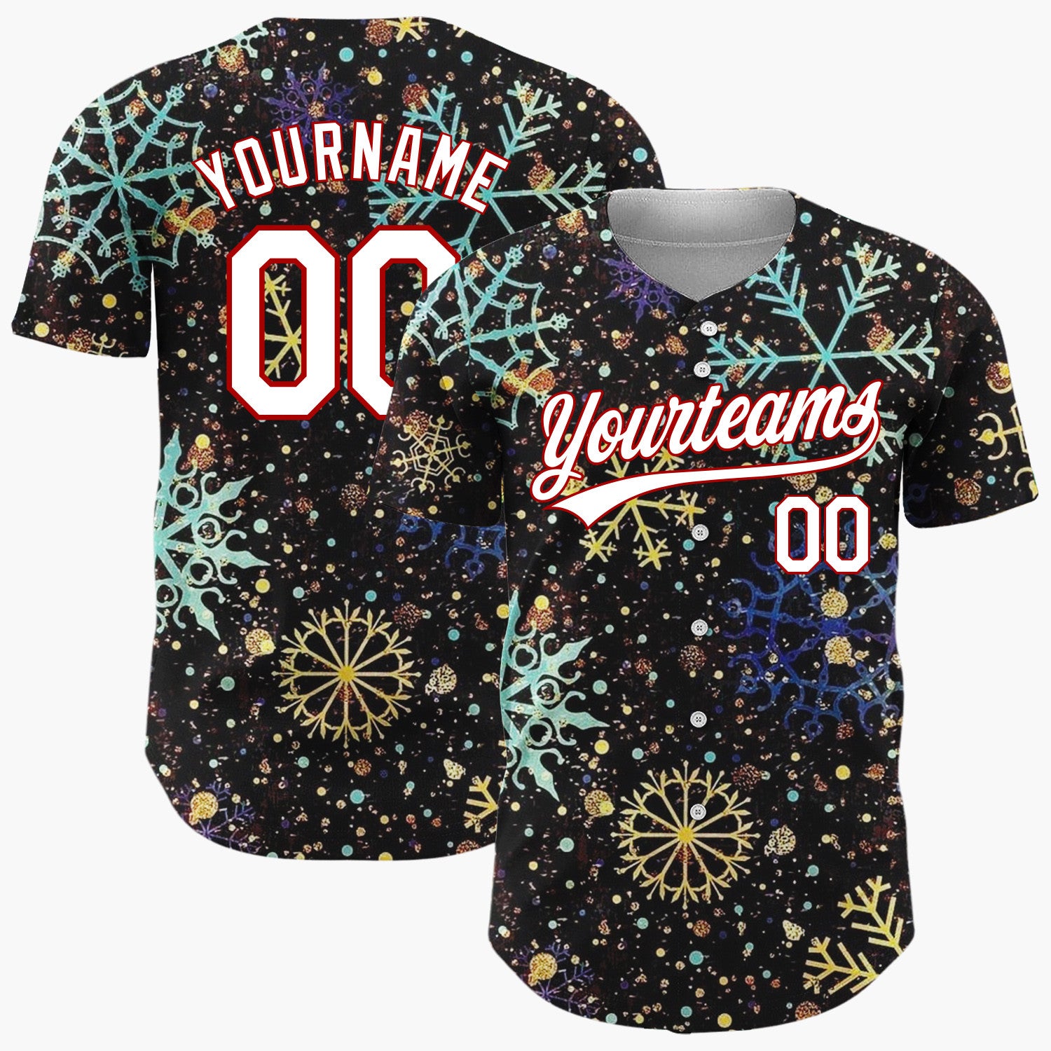 Custom Black Golden Snowflakes Sparkle Abstract Gradient Pattern Christmas Baseball Jersey