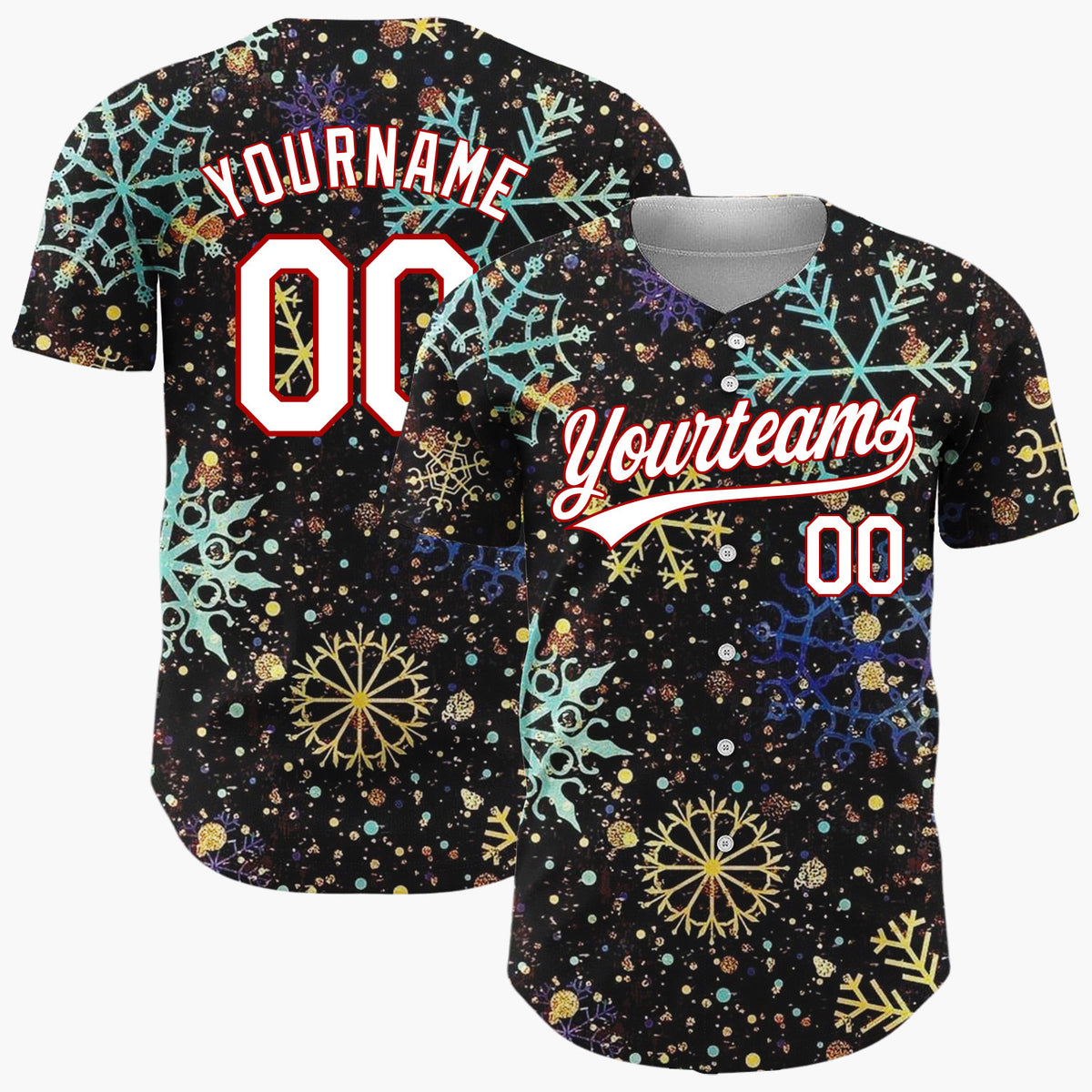 Custom Black Golden Snowflakes Sparkle Abstract Gradient Pattern Christmas Baseball Jersey