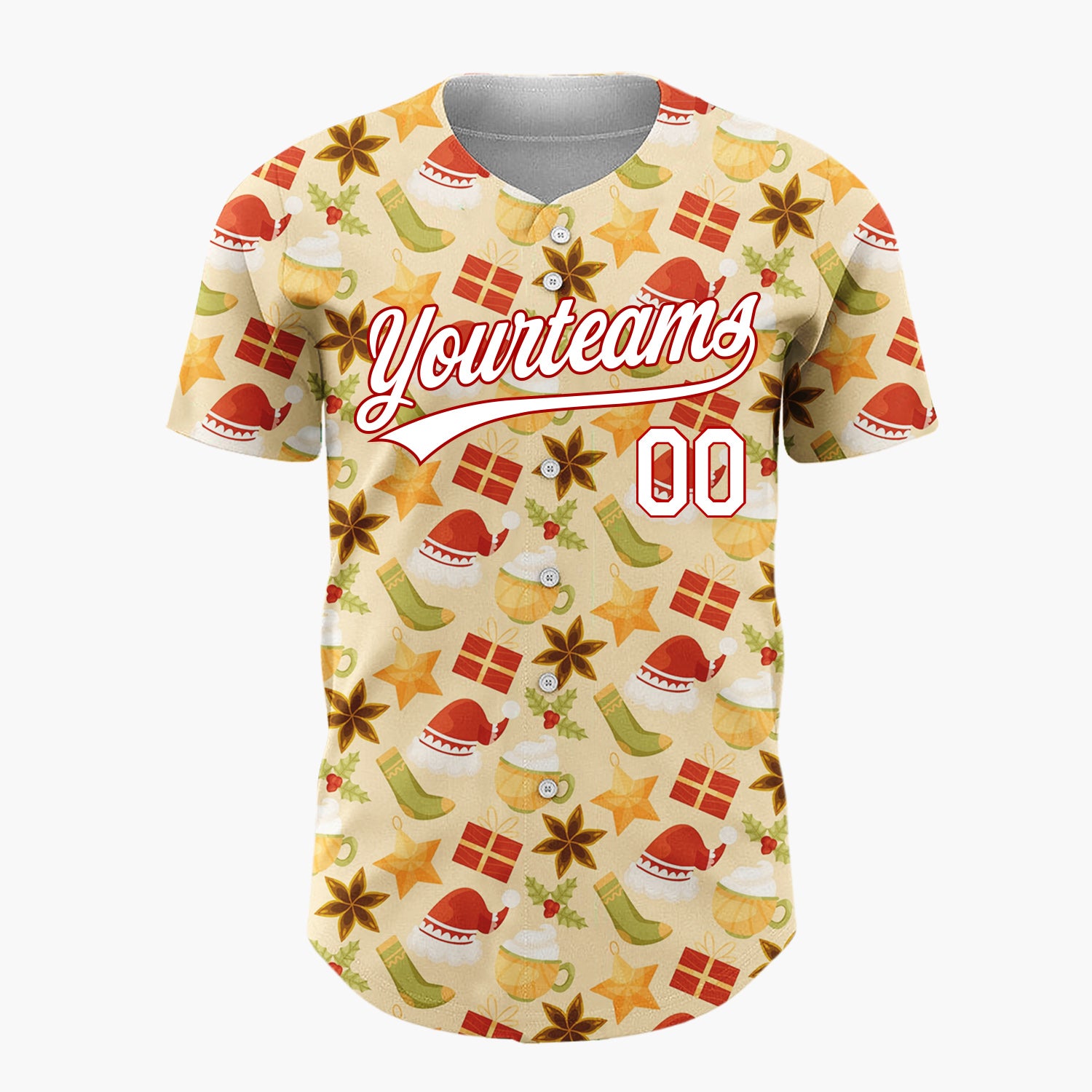 Custom Beige Red Green Santa Hats Gifts And Stars Cute Christmas Baseball Jersey