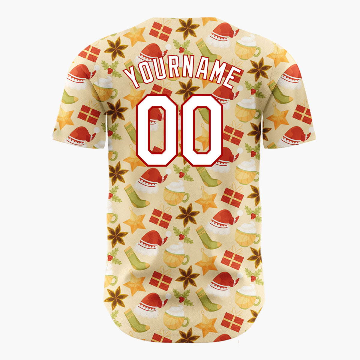 Custom Beige Red Green Santa Hats Gifts And Stars Cute Christmas Baseball Jersey