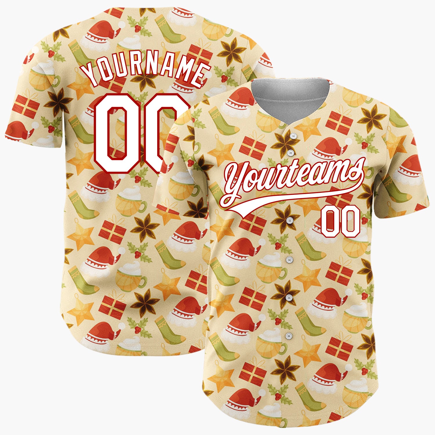 Custom Beige Red Green Santa Hats Gifts And Stars Cute Christmas Baseball Jersey