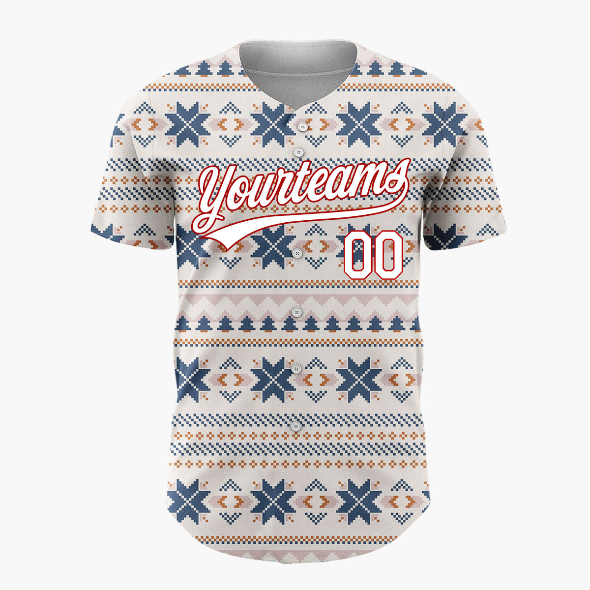 Custom Beige Navy Nordic Fair Isle Knitted Pattern Christmas Baseball Jersey