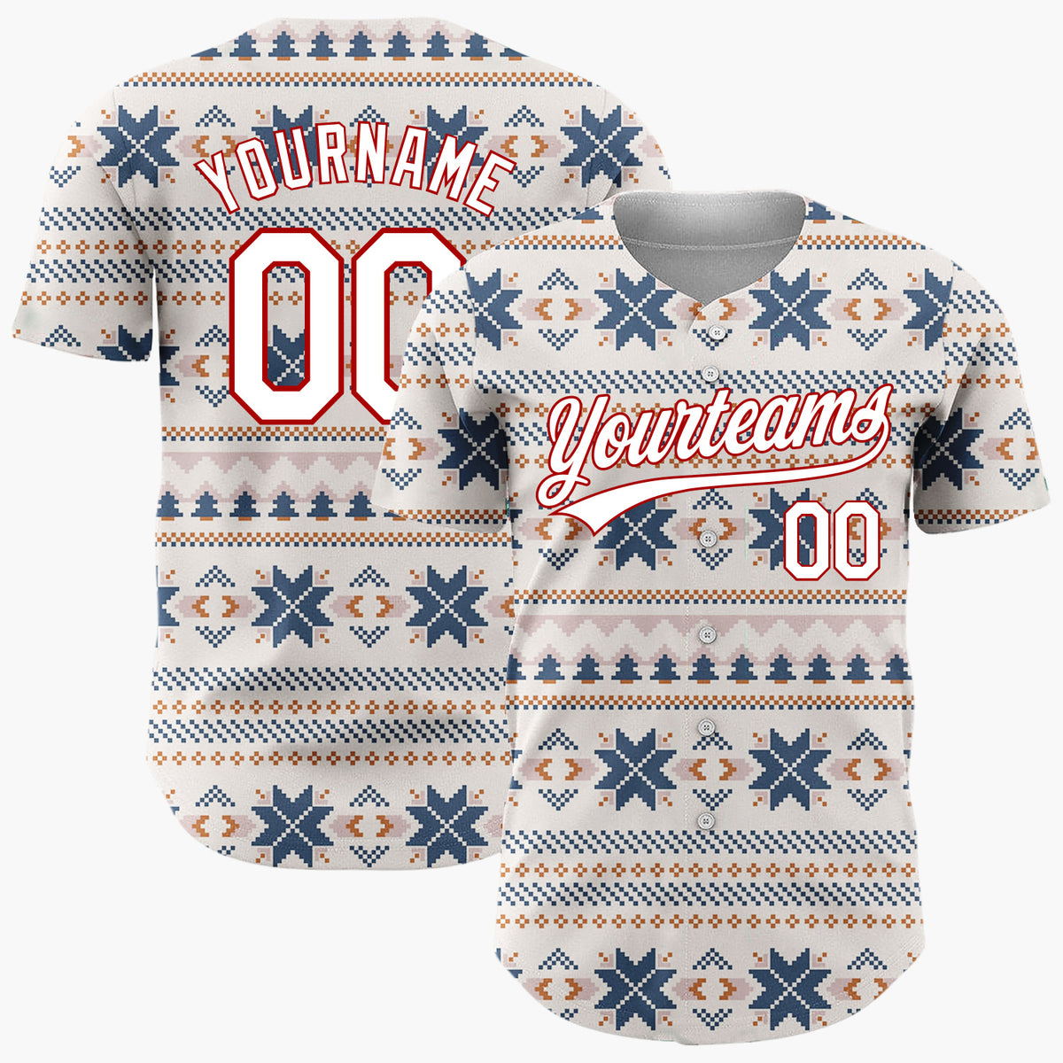 Custom Beige Navy Nordic Fair Isle Knitted Pattern Christmas Baseball Jersey
