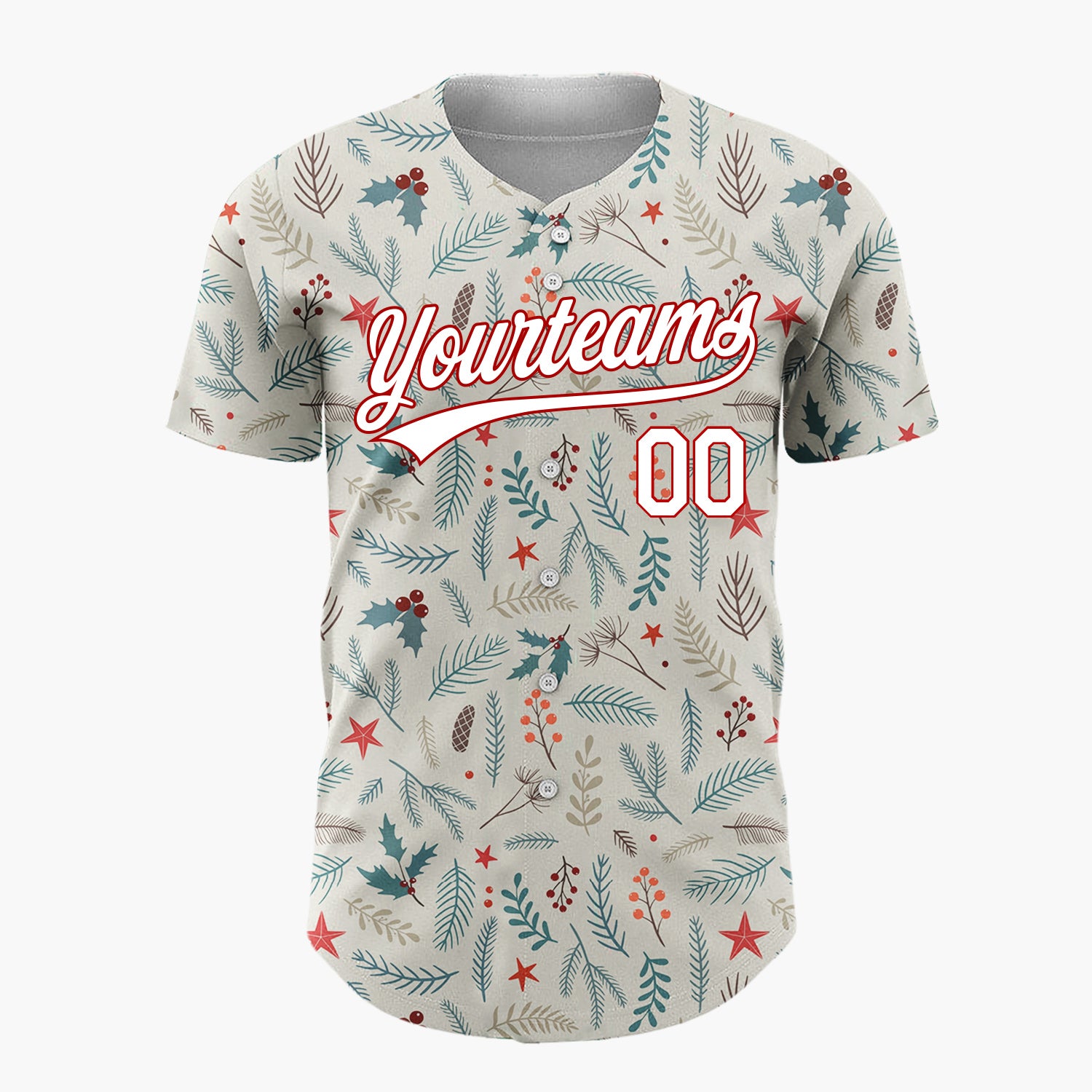 Custom Beige Holly Pine Berries Detailed Botanical Christmas Baseball Jersey
