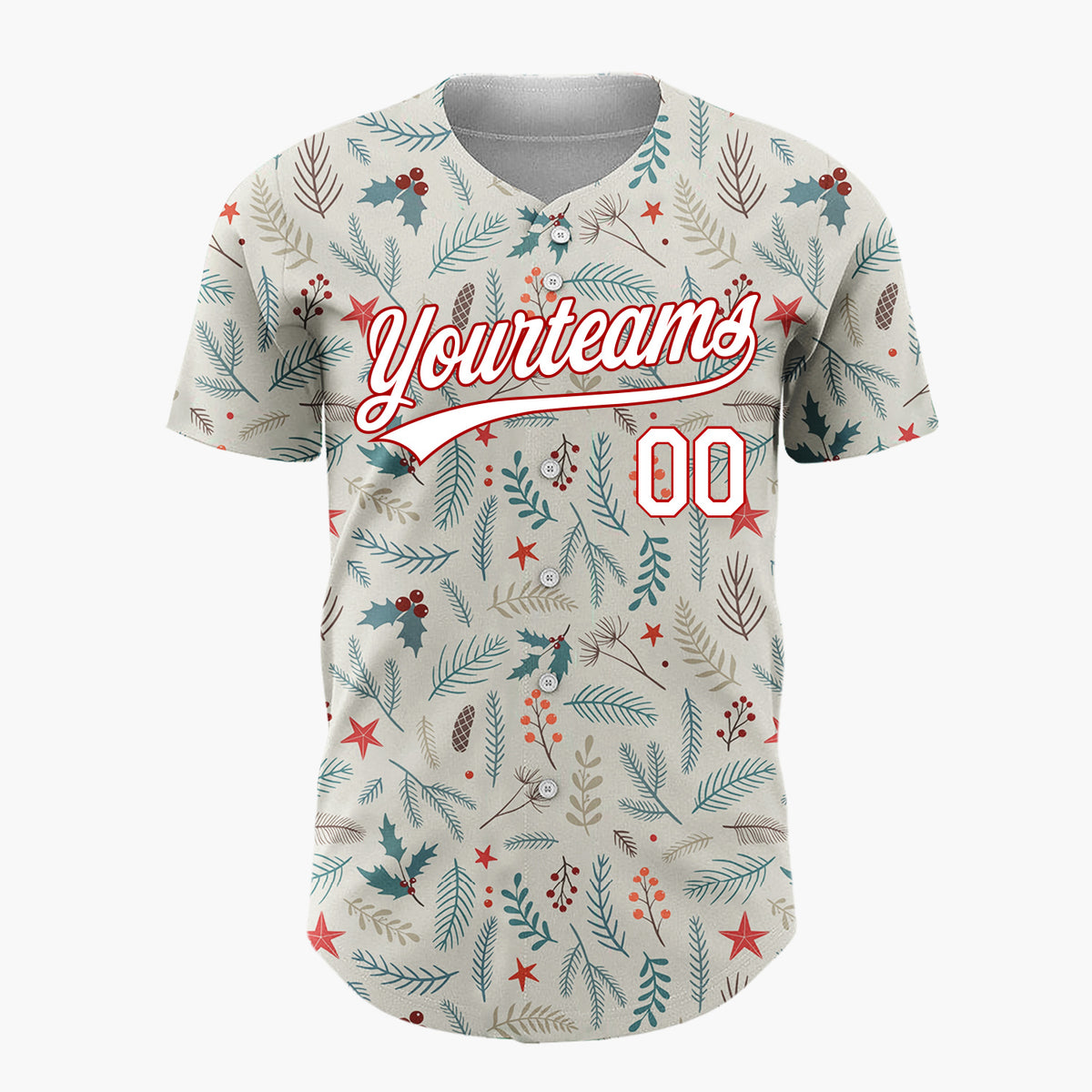 Custom Beige Holly Pine Berries Detailed Botanical Christmas Baseball Jersey