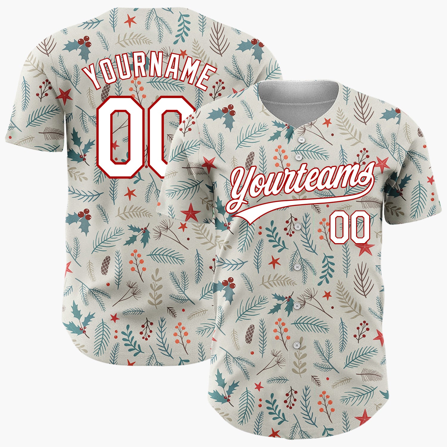 Custom Beige Holly Pine Berries Detailed Botanical Christmas Baseball Jersey