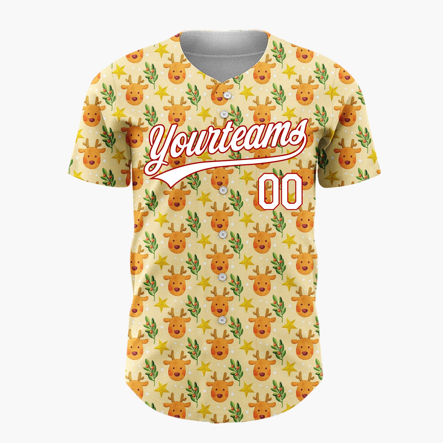 Custom Beige Brown Yellow Reindeer Stars And Holly Leaves Cute Christmas Baseball Jersey