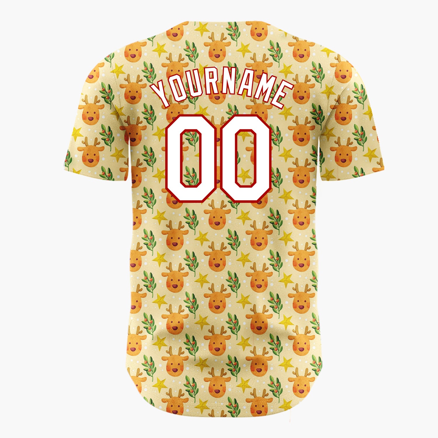 Custom Beige Brown Yellow Reindeer Stars And Holly Leaves Cute Christmas Baseball Jersey