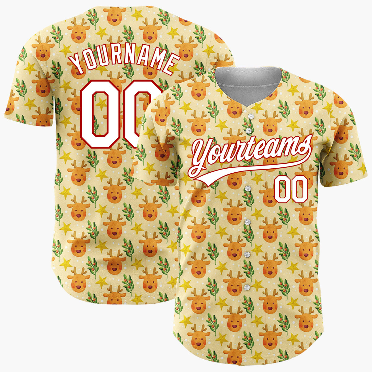Custom Beige Brown Yellow Reindeer Stars And Holly Leaves Cute Christmas Baseball Jersey