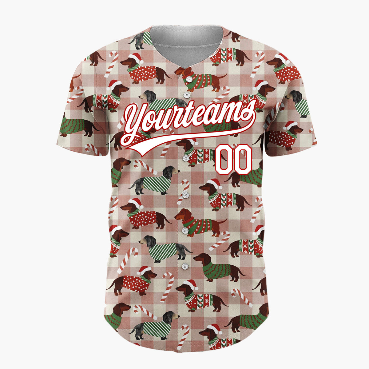 Custom Beige Plaid Christmas Dachshund Pattern With Candy Canes And Festive Sweaters Cartoon Pattern Christmas Baseball Jersey