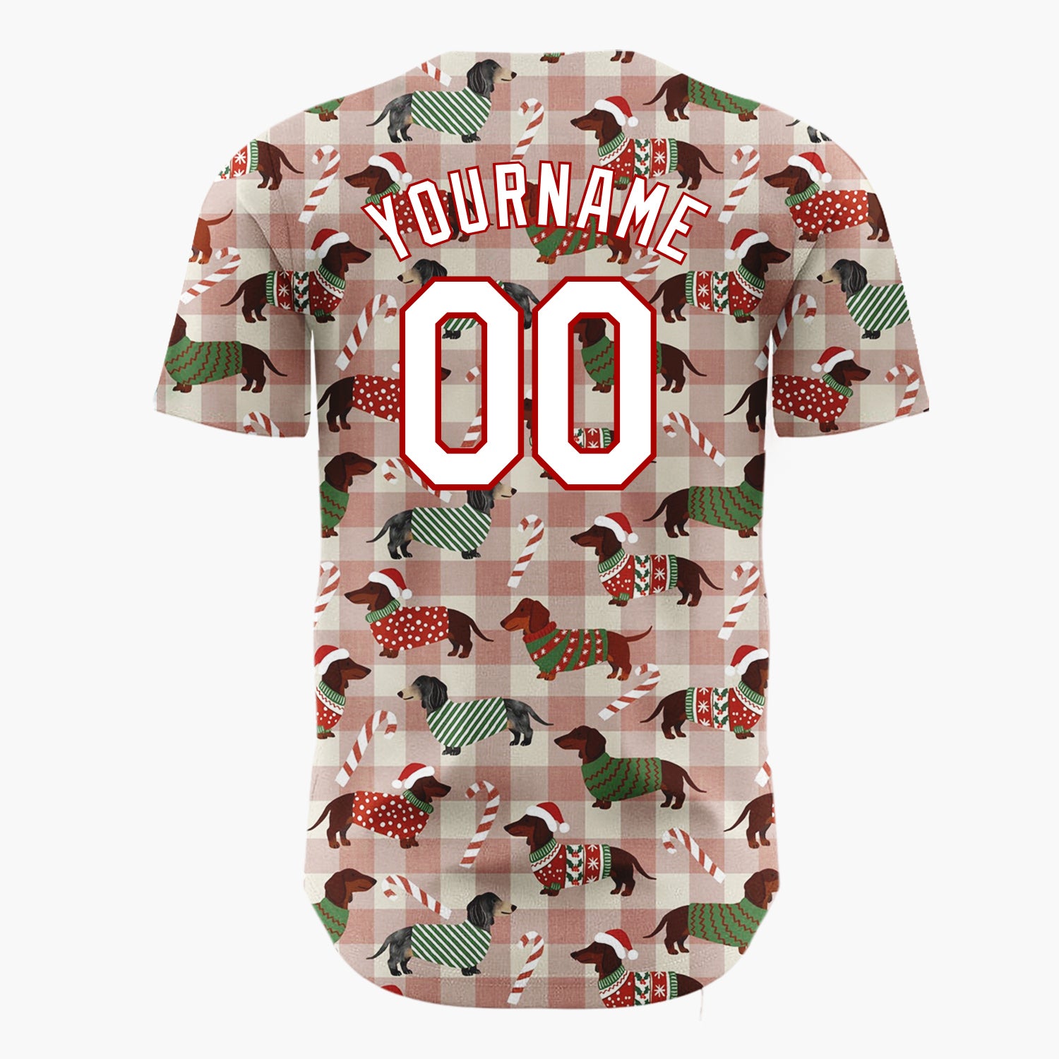 Custom Beige Plaid Christmas Dachshund Pattern With Candy Canes And Festive Sweaters Cartoon Pattern Christmas Baseball Jersey