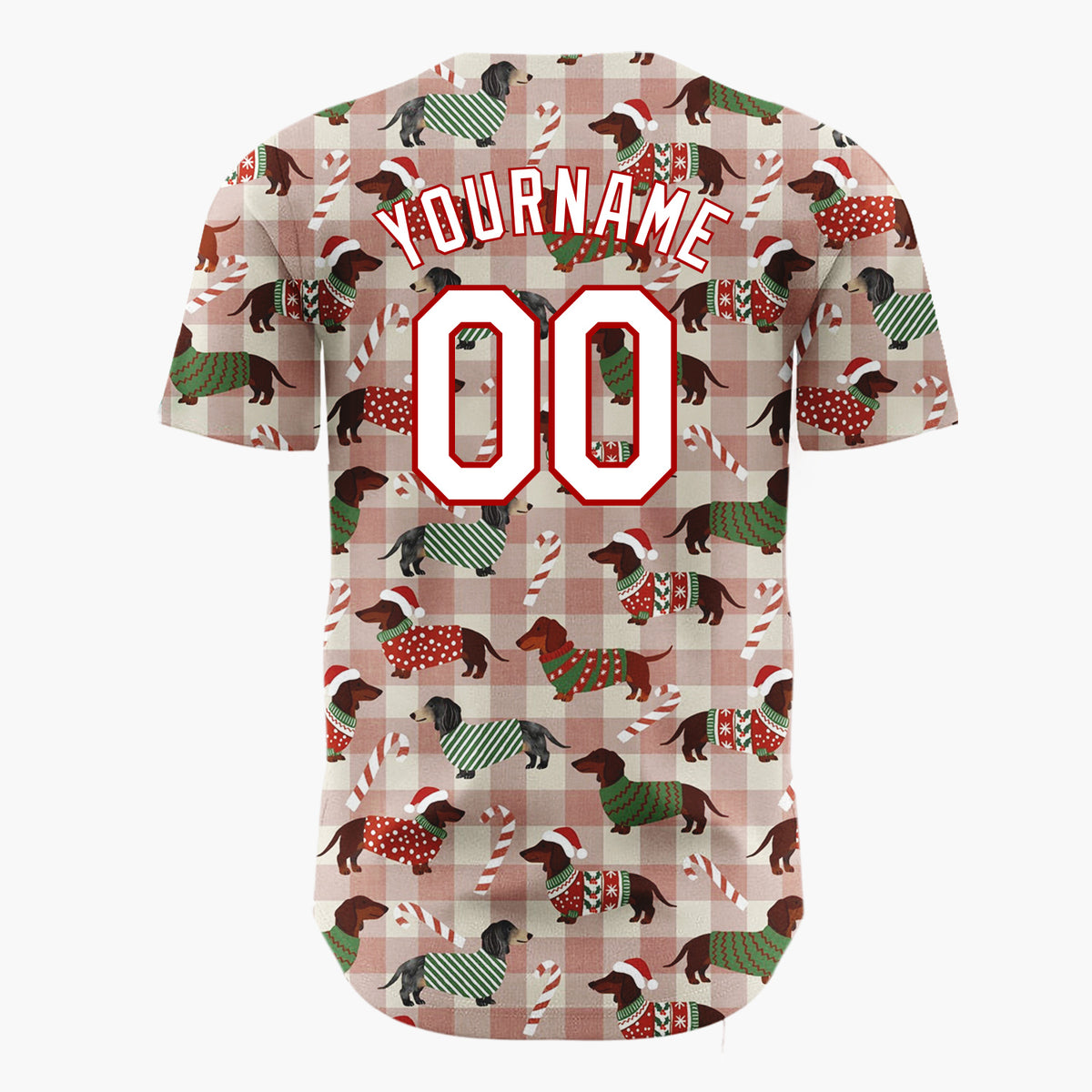 Custom Beige Plaid Christmas Dachshund Pattern With Candy Canes And Festive Sweaters Cartoon Pattern Christmas Baseball Jersey