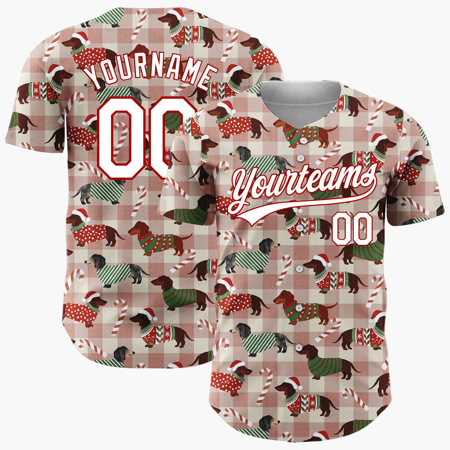 Custom Beige Plaid Christmas Dachshund Pattern With Candy Canes And Festive Sweaters Cartoon Pattern Christmas Baseball Jersey
