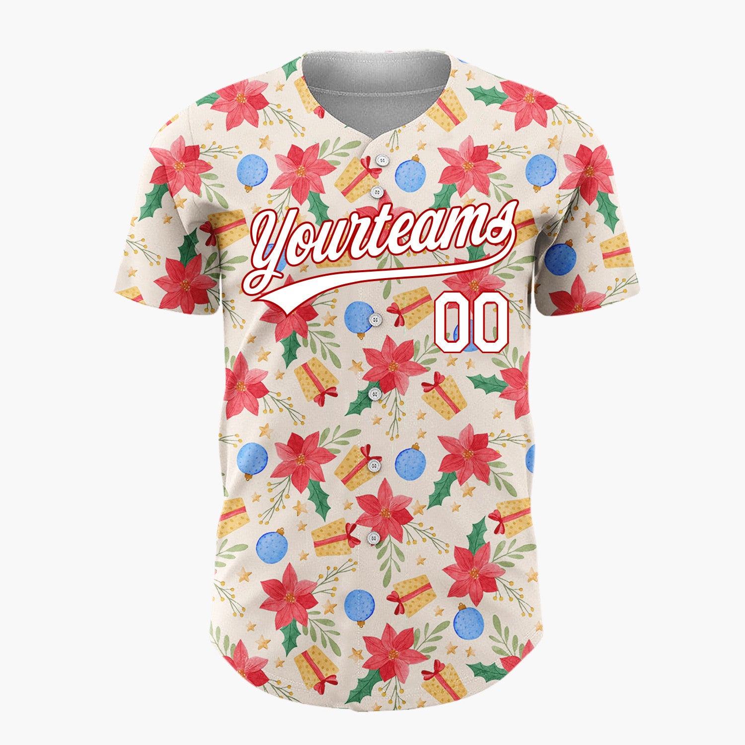 Custom Beige Red Blue Poinsettias Baubles And Gifts Elegant Floral Holiday Pattern Christmas Baseball Jersey