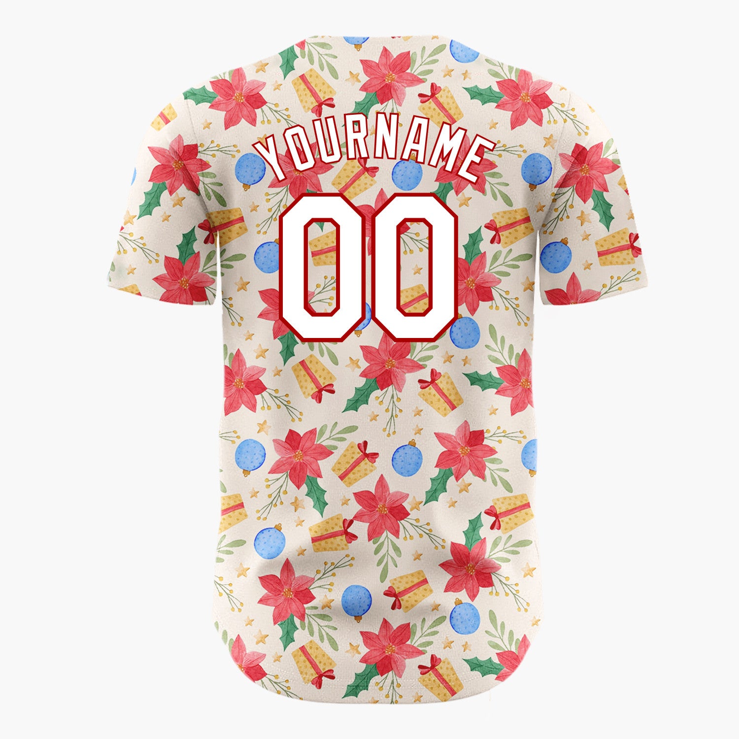 Custom Beige Red Blue Poinsettias Baubles And Gifts Elegant Floral Holiday Pattern Christmas Baseball Jersey