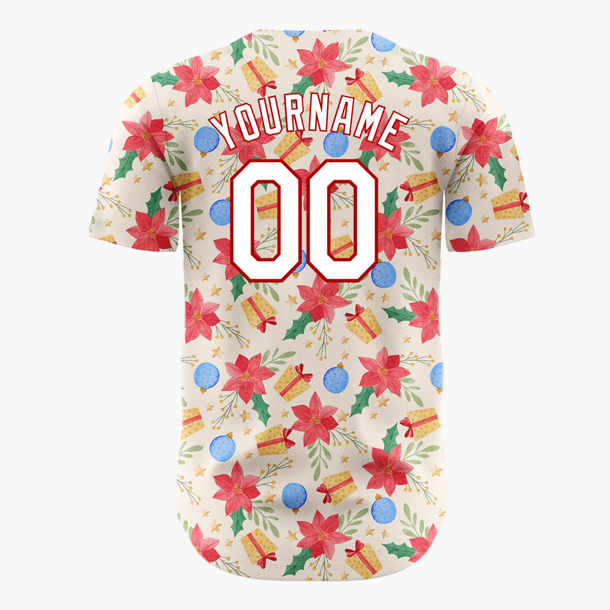 Custom Beige Red Blue Poinsettias Baubles And Gifts Elegant Floral Holiday Pattern Christmas Baseball Jersey