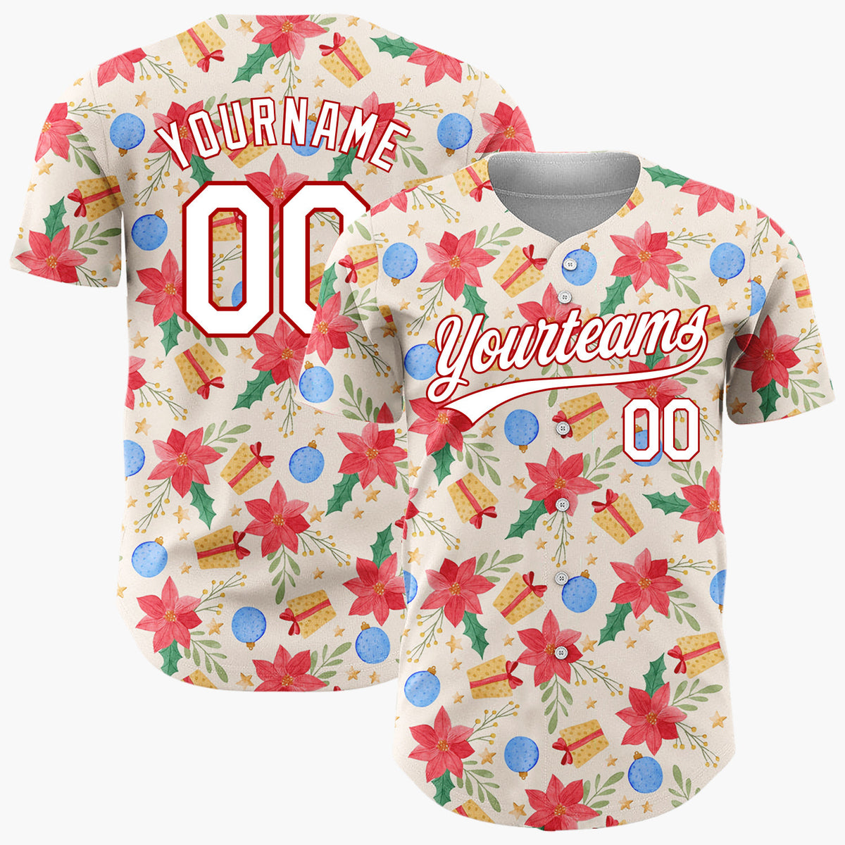 Custom Beige Red Blue Poinsettias Baubles And Gifts Elegant Floral Holiday Pattern Christmas Baseball Jersey