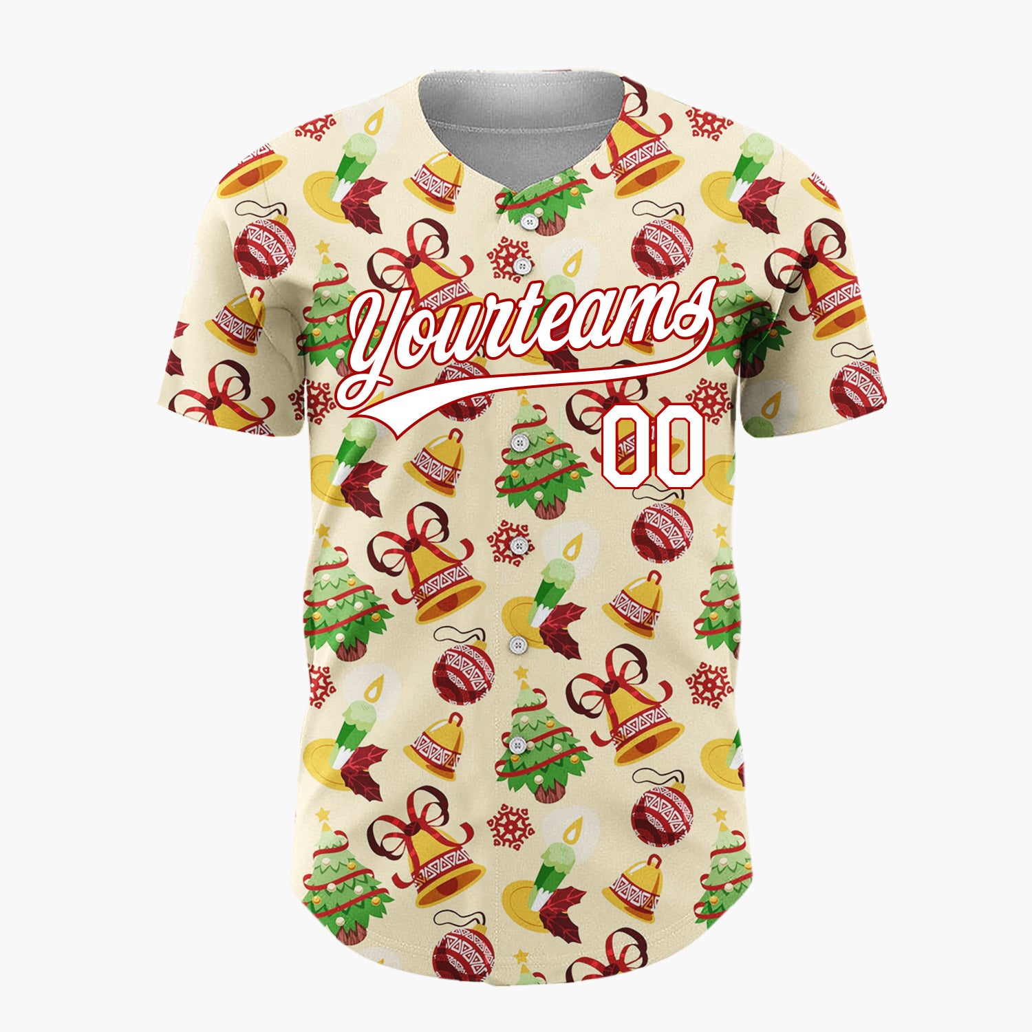 Custom Beige Green Red Gold Bells Trees And Candles Christmas Sketch Pattern Christmas Baseball Jersey