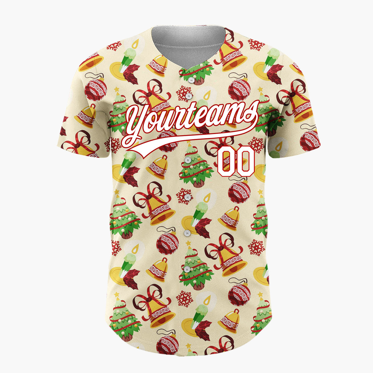 Custom Beige Green Red Gold Bells Trees And Candles Christmas Sketch Pattern Christmas Baseball Jersey