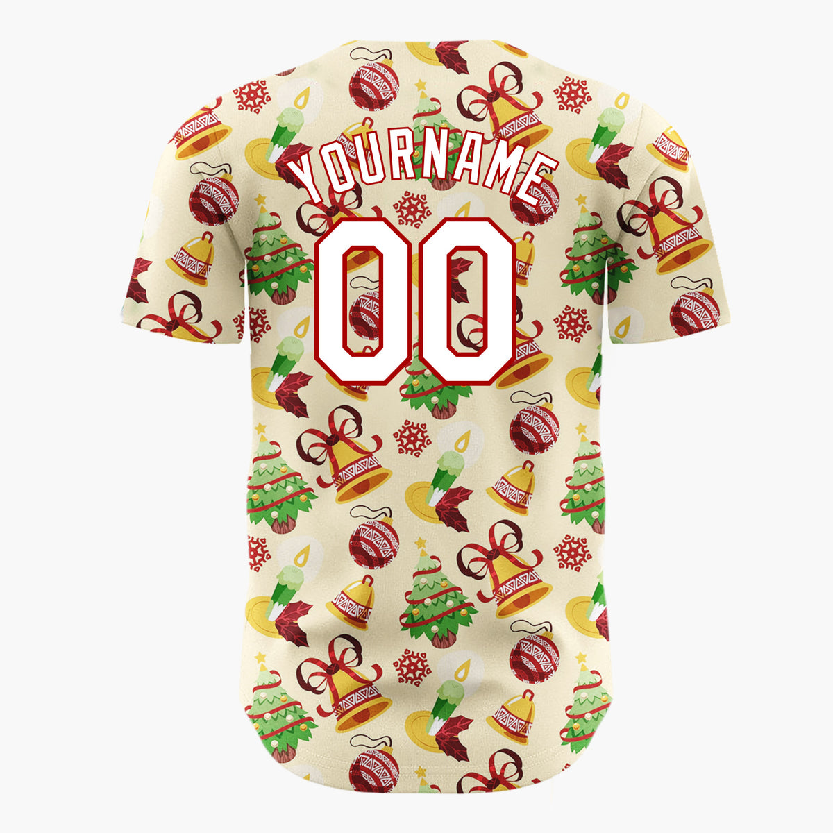 Custom Beige Green Red Gold Bells Trees And Candles Christmas Sketch Pattern Christmas Baseball Jersey