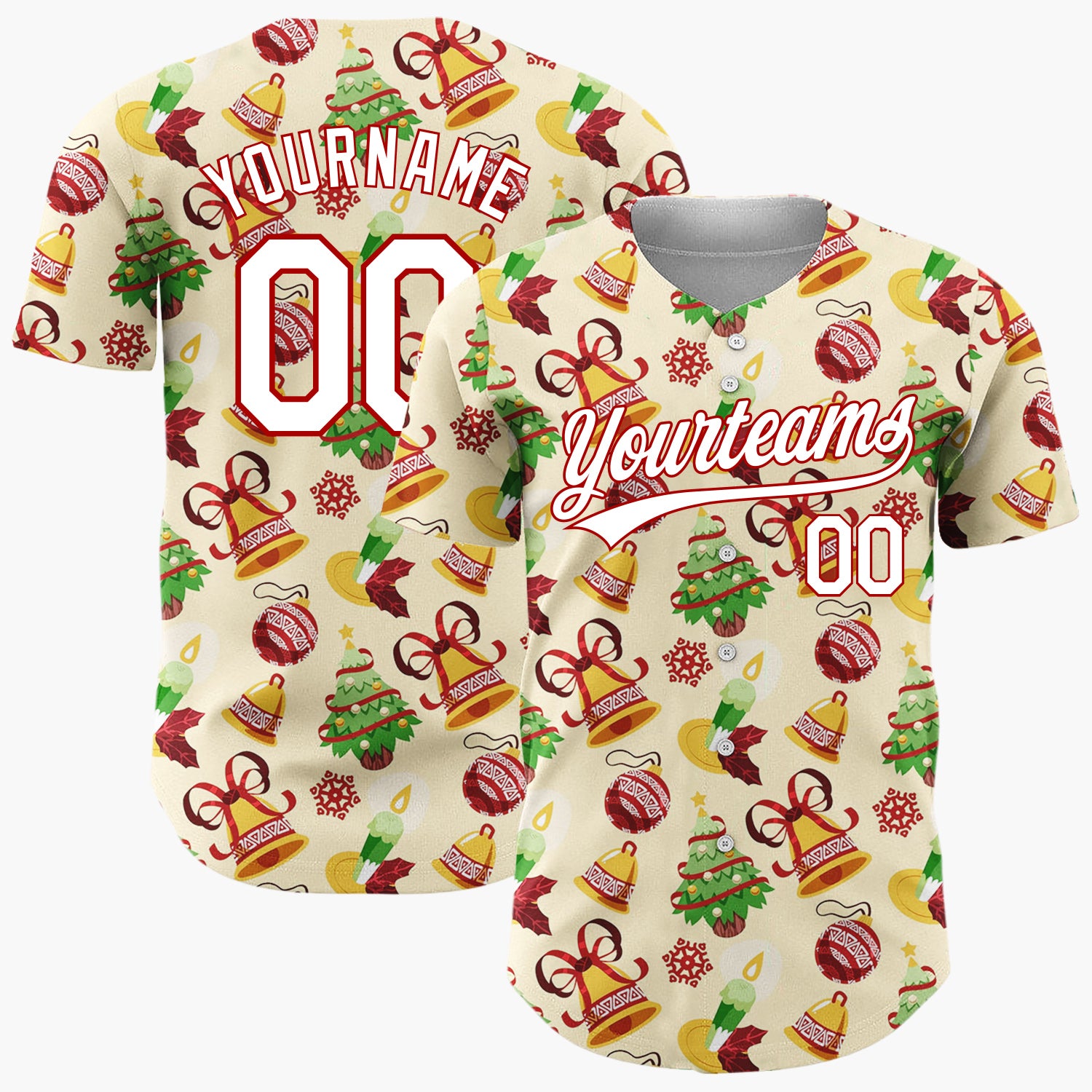 Custom Beige Green Red Gold Bells Trees And Candles Christmas Sketch Pattern Christmas Baseball Jersey