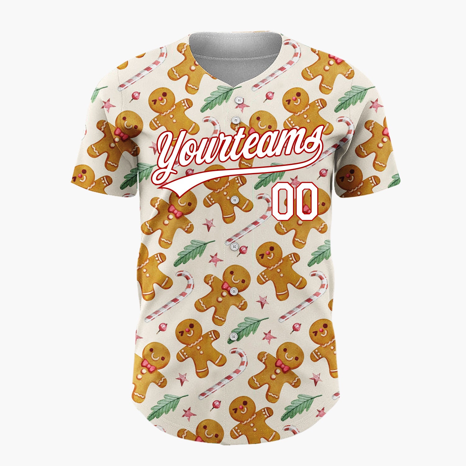 Custom Beige Brown Gingerbread Men And Candy Canes Cute Holiday Pattern Christmas Baseball Jersey