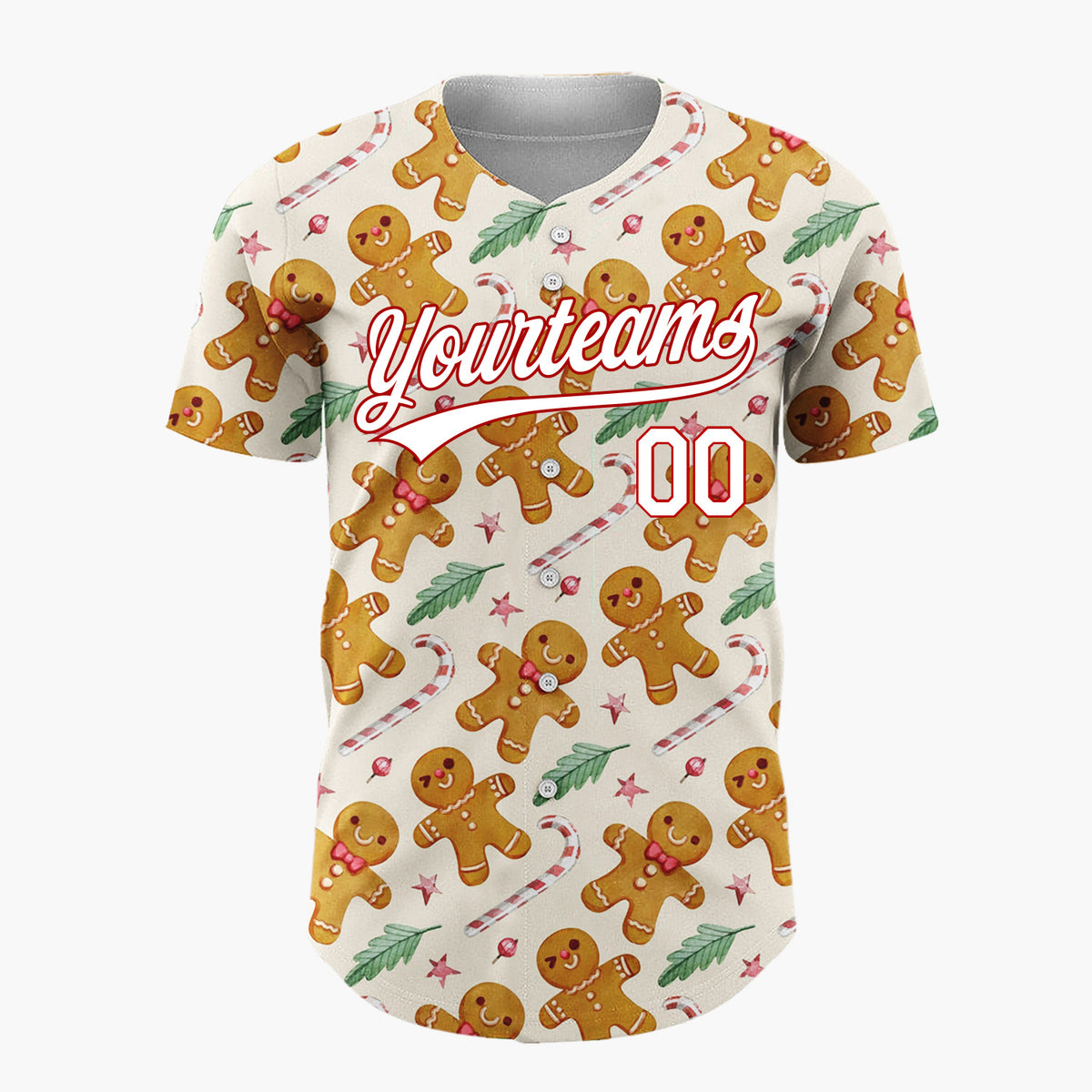 Custom Beige Brown Gingerbread Men And Candy Canes Cute Holiday Pattern Christmas Baseball Jersey