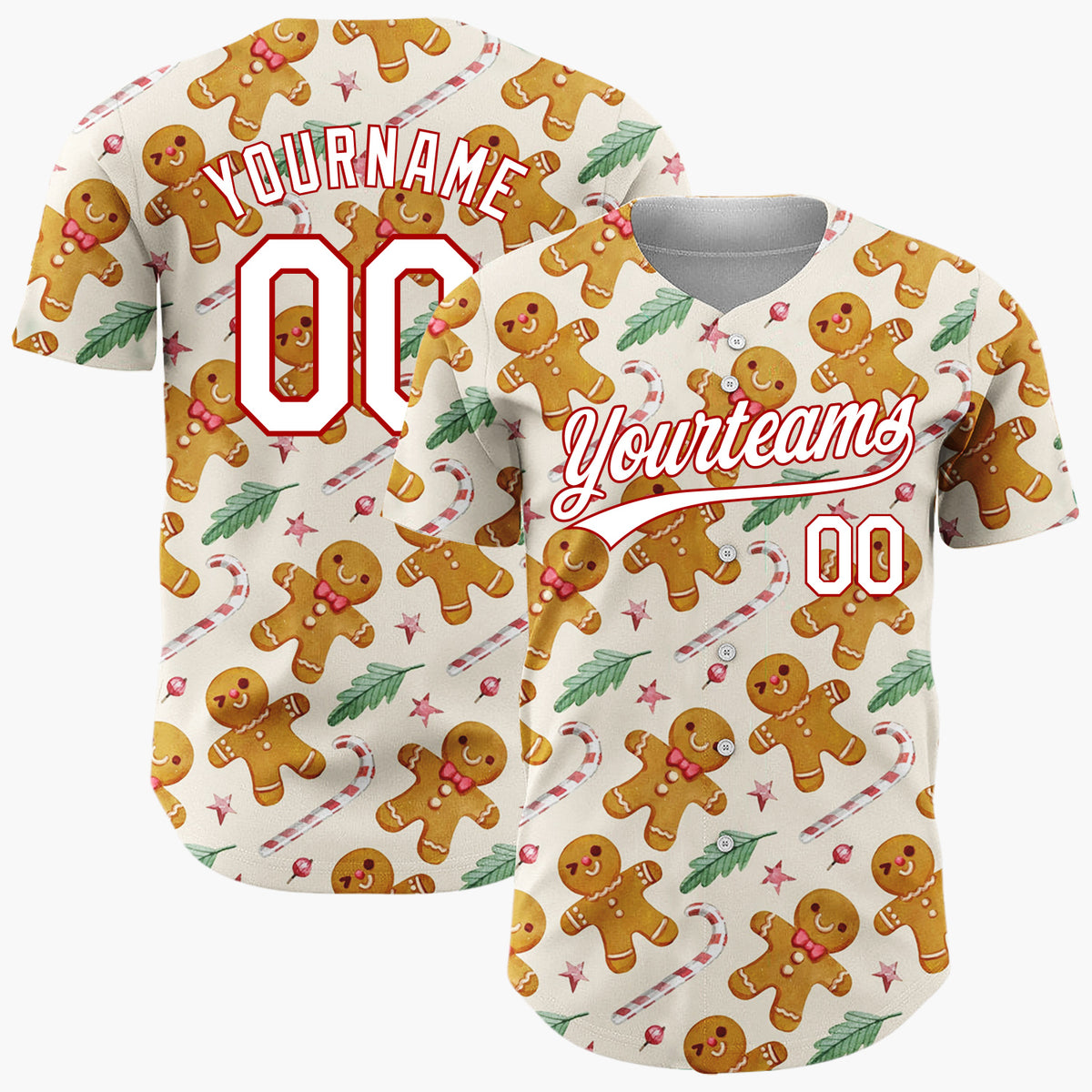 Custom Beige Brown Gingerbread Men And Candy Canes Cute Holiday Pattern Christmas Baseball Jersey